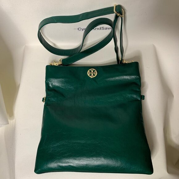 Tory Burch green leather crossbody bag with fold-over flap and signature logo em - Picture 4 of 8